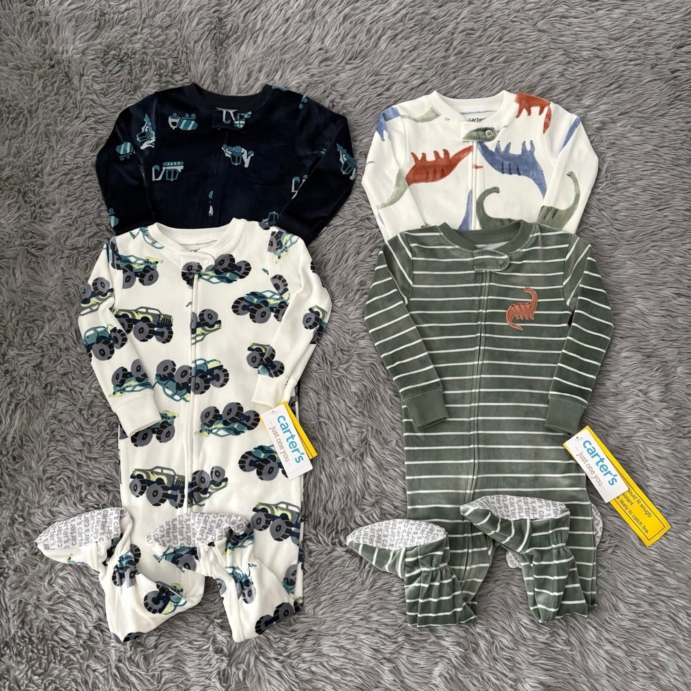 Carters Soft Velvet Sleeper Bundle Trucks Dinosaurs Stripes Toddler 12 Months